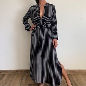 Equipment Black and White Striped Silk Belted Maxi Shirt Dress (size large)